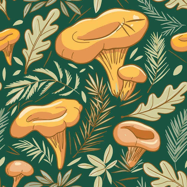 Ilustração vetorial de desenho de padrão sem costura de cogumelos Chanterelle