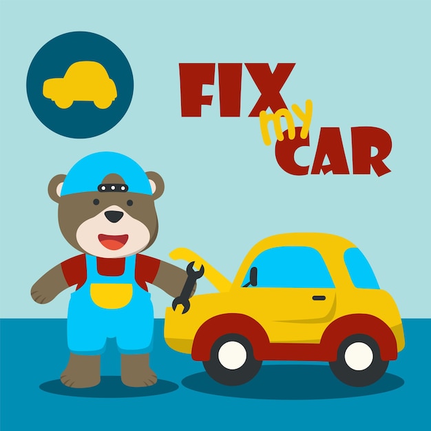 ilustração vetorial de desenhos animados de loja de reparação de automóveis com vetor mecânico engraçado fundo infantil para tecido têxtil berçário papel de parede cartaz de cartão e outra ilustração vetorial de decoração