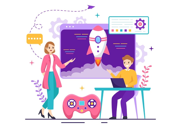 Vetor ilustração vetorial de desenvolvimento de videogame com programação de jogos e codificação em modelos desenhados à mão