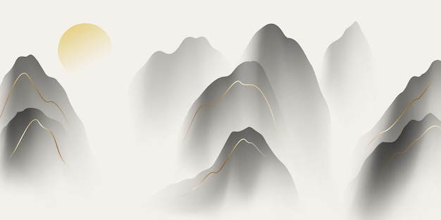 Ilustração vetorial de design moderno de uma bela pintura de paisagem de tinta chinesa