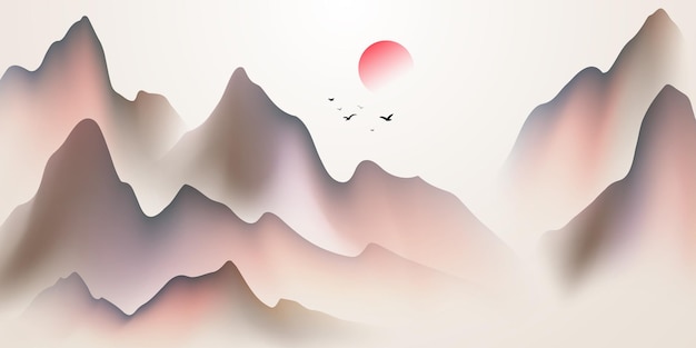 Ilustração vetorial de design moderno de uma bela pintura de paisagem de tinta chinesa