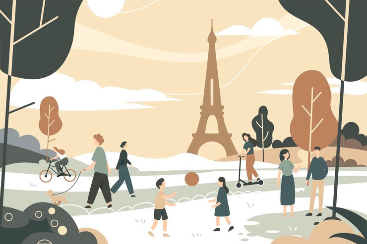 Vetor ilustração vetorial de diferentes pessoas caminhando no parque com a torre eiffel ao fundo