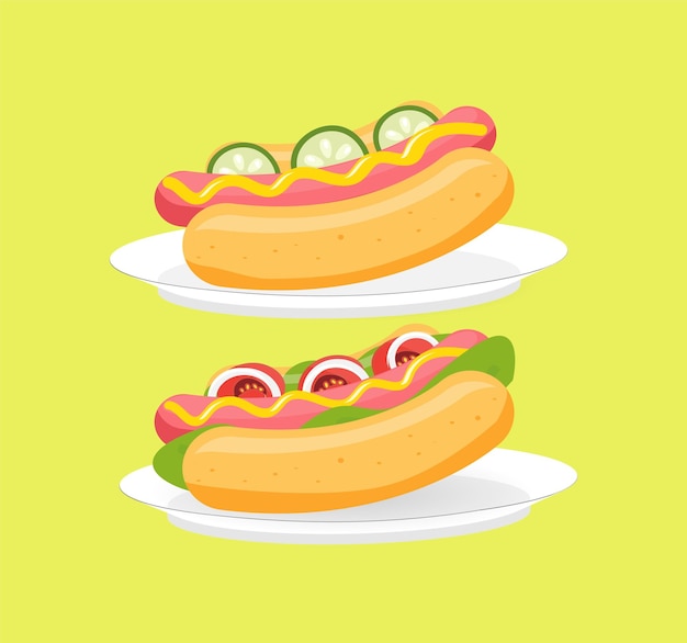 Ilustração vetorial de dois cachorros-quentes Cachorro-quente com salada de tomate ketchup de mostarda