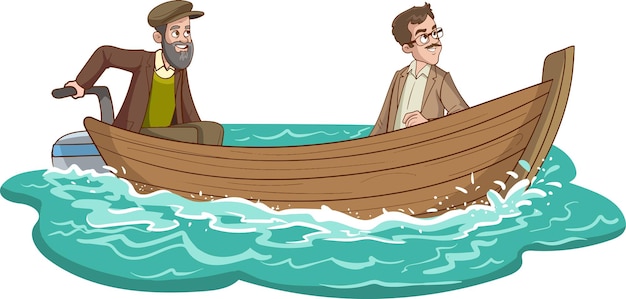 Vetor ilustração vetorial de dois homens navegando sobre os marinheiros no barco e paisagem marinha