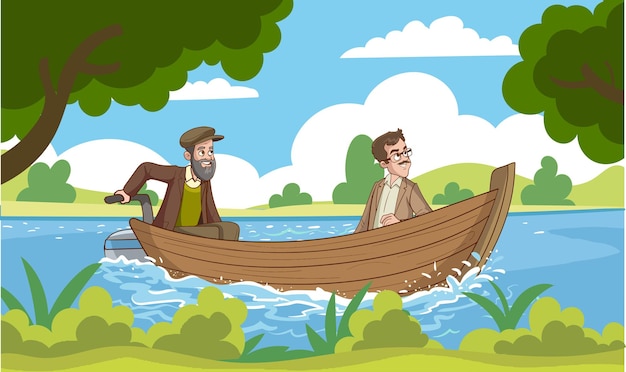 Vetor ilustração vetorial de dois homens navegando sobre os marinheiros no barco e paisagem marinha