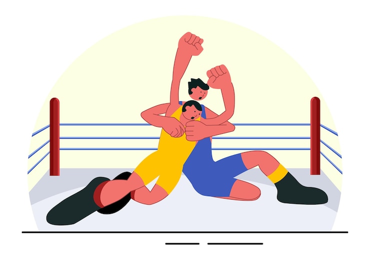 Vetor ilustração vetorial de dois lutadores em uma competição de boxe ou partida de campeonato em uma arena em um fundo de luta livre de desenhos animados de estilo plano