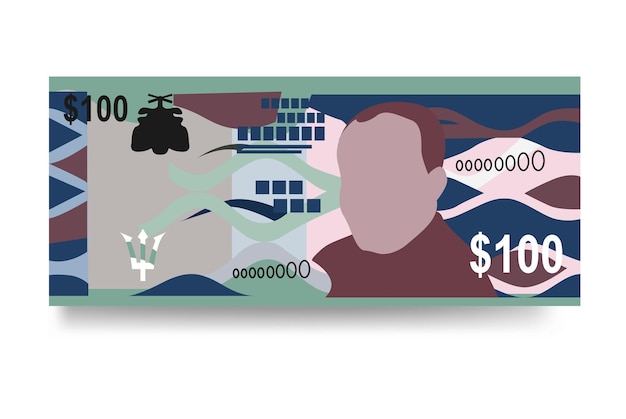 Ilustração vetorial de dólar de barbados dinheiro de barbados conjunto notas de pacote dinheiro de papel 100 bbd