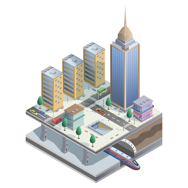 Vetor ilustração vetorial de edifícios 3d de cidade isométrica com lojas de metrô e elementos de rua