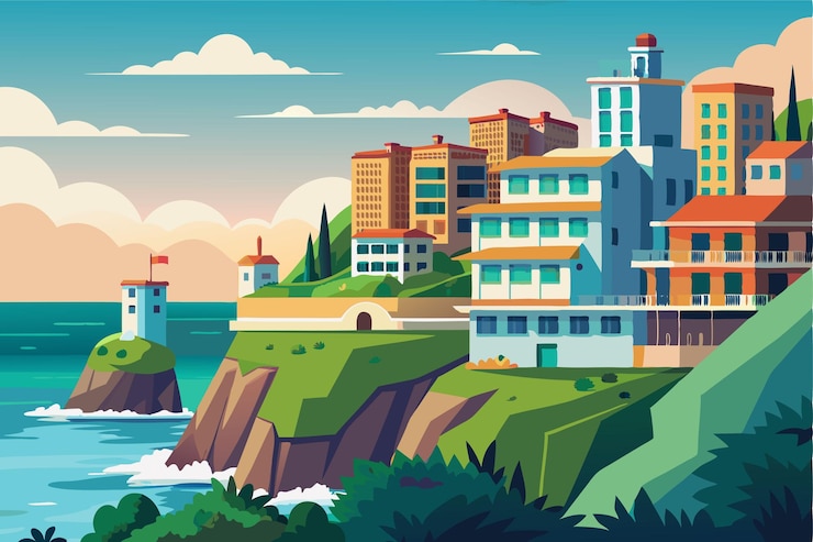Vetor ilustração vetorial de edifícios à beira-mar