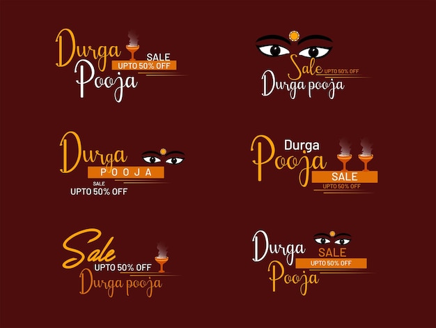 Ilustração vetorial de emblemas de tipografia e ícones definidos happy durga pooja