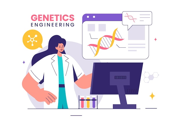 Ilustração vetorial de Engenharia Genética e Modificações de DNA com Cientistas de Pesquisa Genética ou Experimental em um fundo de estilo de desenho animado plano