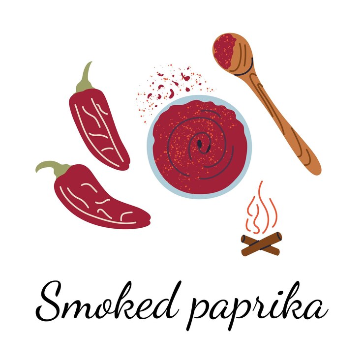 Vetor ilustração vetorial de especiaria de páprica fumada com vagens de pimenta vermelha tigela de páprika moída colher de madeira