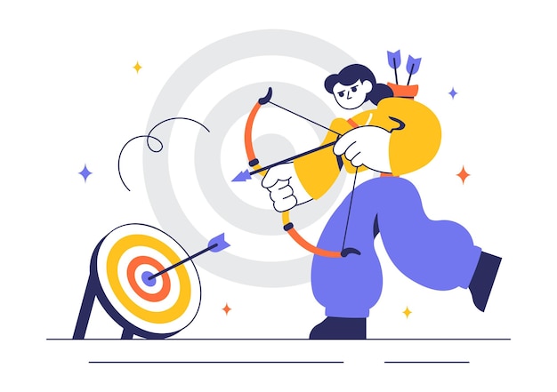Ilustração vetorial de esporte de tiro com arco e flecha apontando para um alvo representando uma atividade recreativa ao ar livre em um fundo plano
