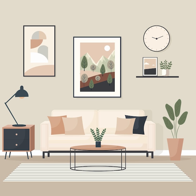 ilustração vetorial de estilo plano de sala de estar minimalista