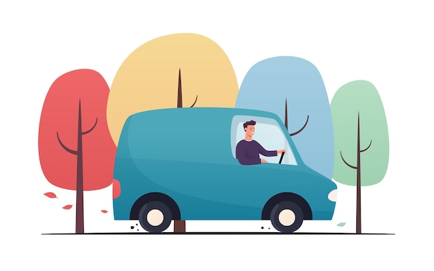 Ilustração vetorial de estilo plano de um jovem dirigindo pela van pela floresta de outono