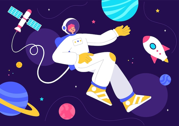 Ilustração vetorial de exploração espacial com um astronauta flutuando no espaço exterior entre planetas e um foguete embarcando em uma aventura galáctica