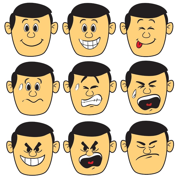 Vetor ilustração vetorial de expressões faciais de um homem adulto em estilo doodle colorido simples