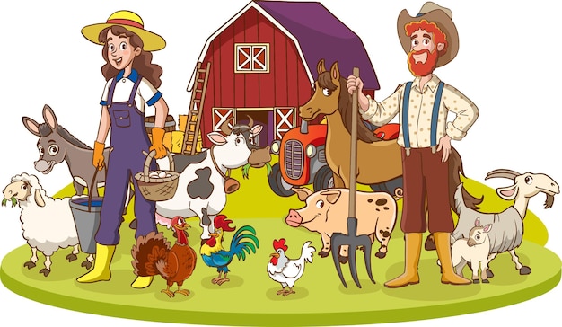 Vetor ilustração vetorial de família de fazendeiro feliz e animais de fazenda