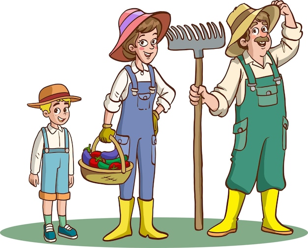 Ilustração vetorial de família de fazendeiro feliz e animais de fazenda