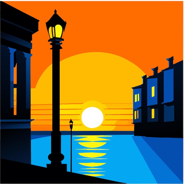 Vetor ilustração vetorial de farol de luz de paisagem marinha azul laranja ao pôr-do-sol