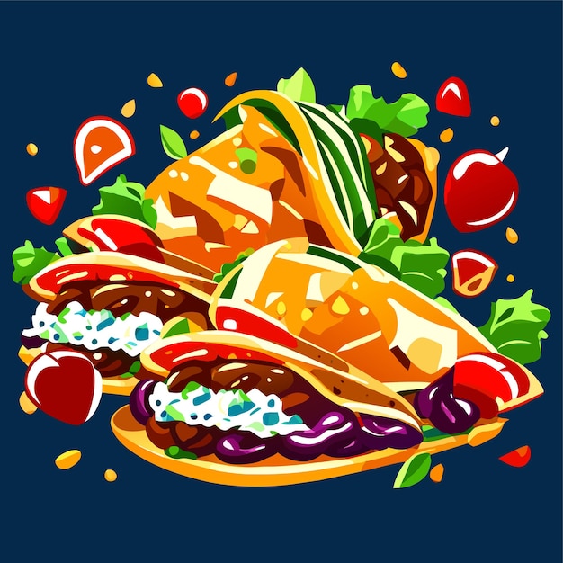 Ilustração vetorial de fast food de tacos com carne e vegetais