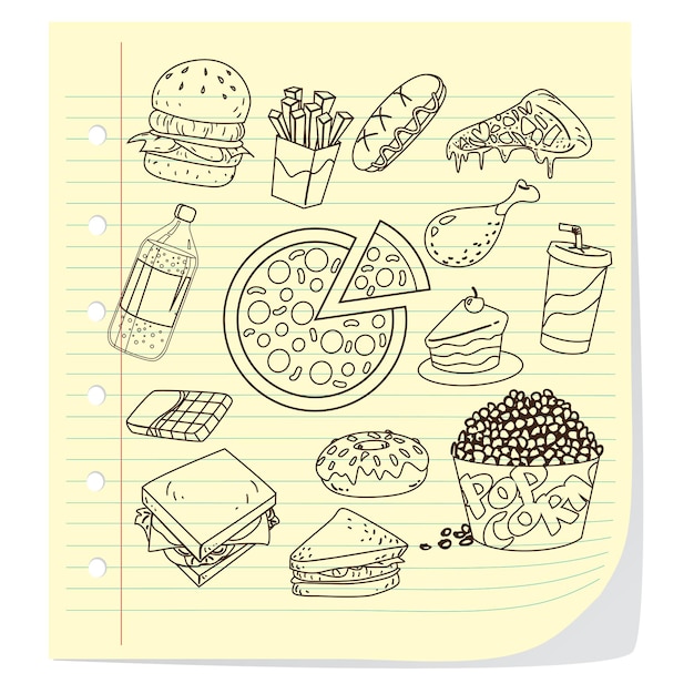 Vetor ilustração vetorial de fast foods em estilo doodle delineado