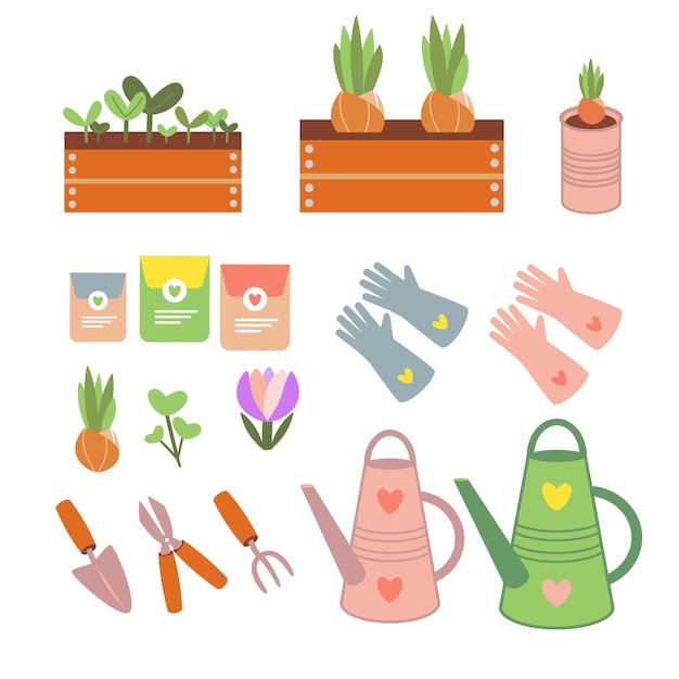 Ilustração vetorial de ferramentas de jardinagem, plantas em vaso e flores em cores pastel suaves para ecofri