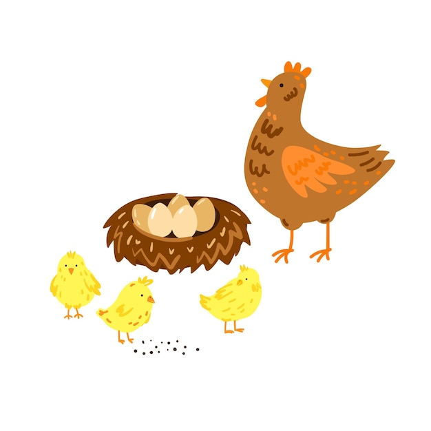 Ilustração vetorial de filhotes de galinha e ninho com ovos