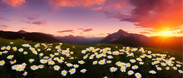 Vetor ilustração vetorial de flores de camomila brancas e grama em colinas contra o pano de fundo de montanhas e um