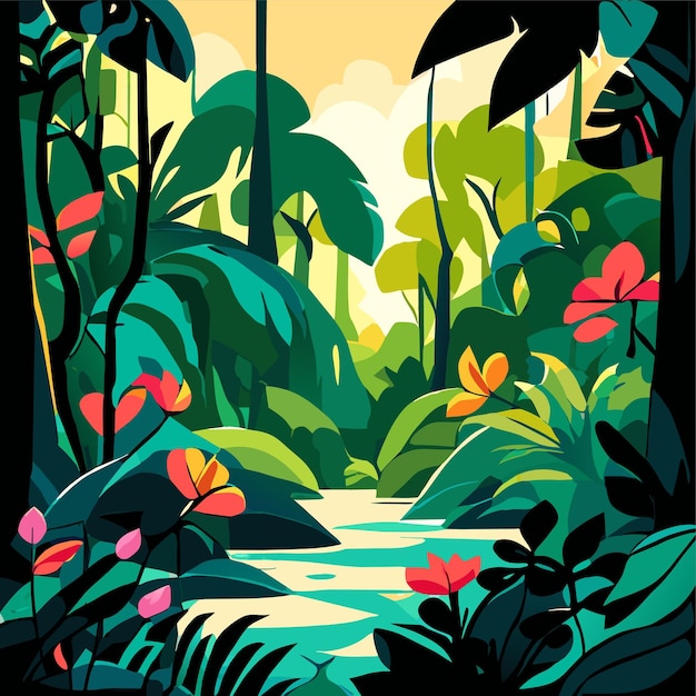 Vetor ilustração vetorial de floresta tropical ou floresta tropical em cena diurna