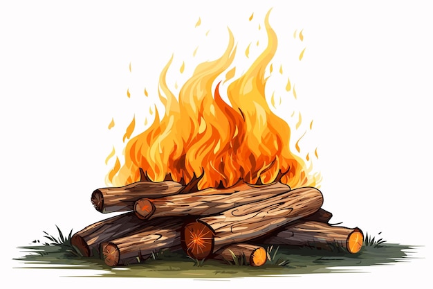 Vetor ilustração vetorial de fogueira em chamas com madeira em fundo branco