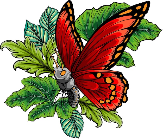 Ilustração vetorial de folhas e borboleta