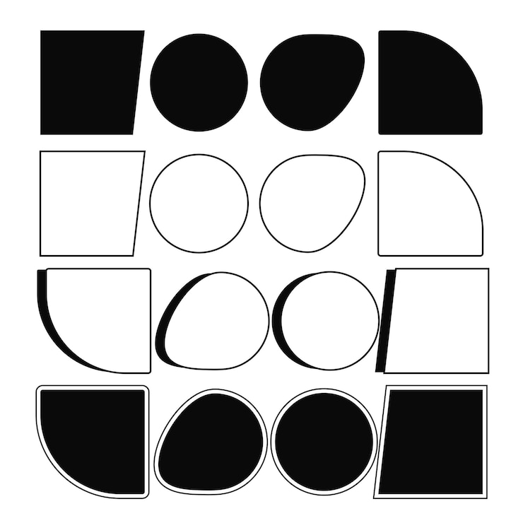 Vetor ilustração vetorial de formas geométricas fluidas em preto e branco delineadas e preenchidas