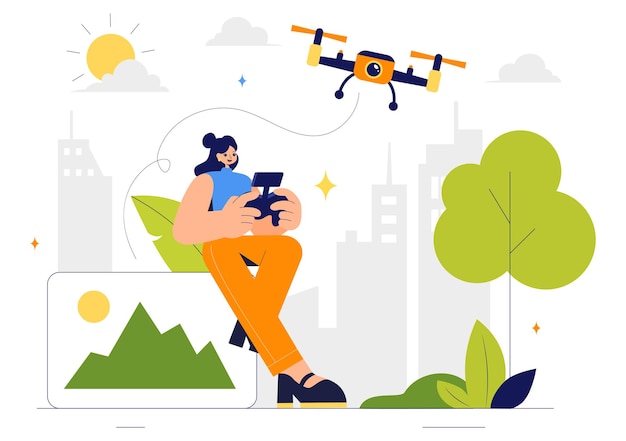 Ilustração vetorial de fotografia de drone com um drone com controle remoto capturando fotos e vídeos aéreos de cima em um fundo plano
