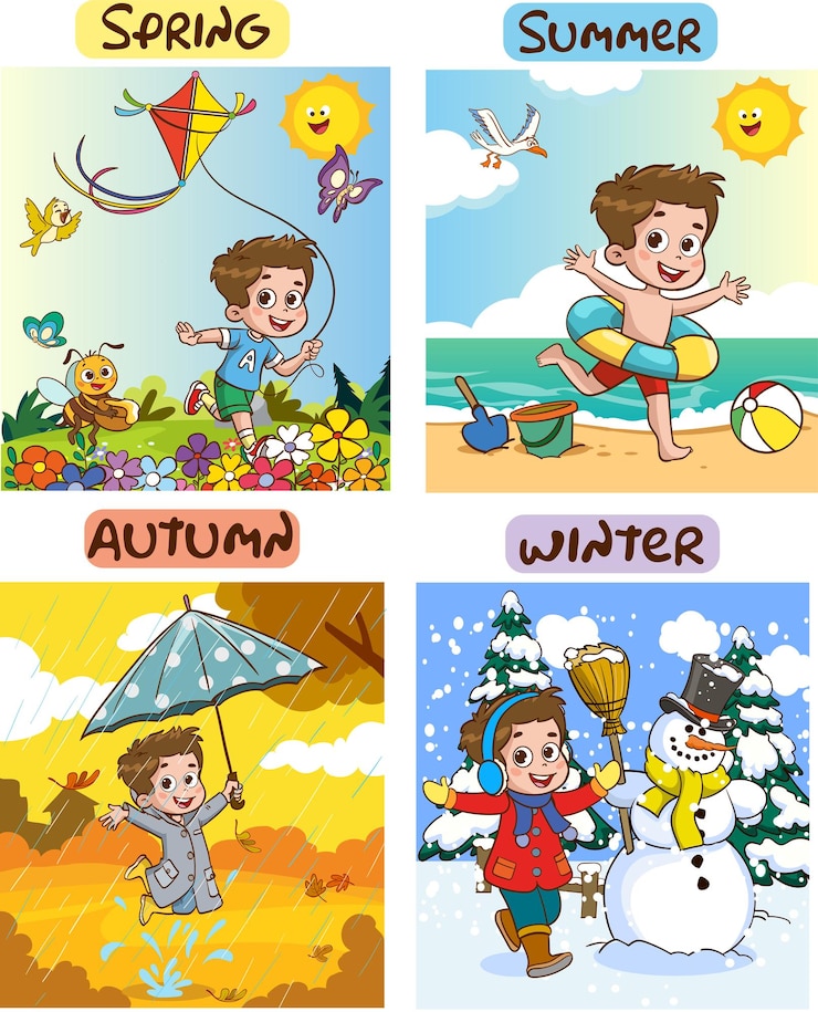 Vetor ilustração vetorial de four seasons com cartoon kid