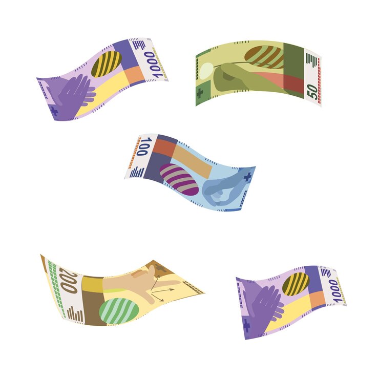 Vetor ilustração vetorial de franco suíço suíça dinheiro conjunto notas de banco caindo dinheiro voando fr