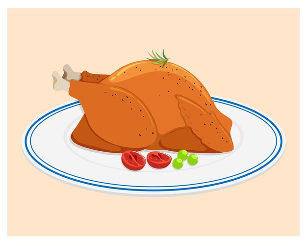 Ilustração vetorial de frango assado em prato redondo