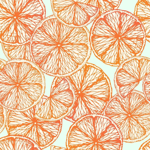 Ilustração vetorial de frutas de padrão sem costura desenhadas em fatias de seção de laranjas tangerinas