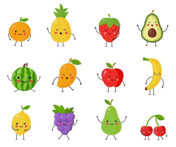 Vetor ilustração vetorial de frutas kawaii fofas com mãos e pernas em fundo branco
