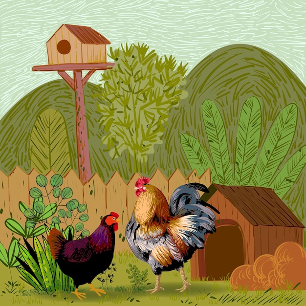 Ilustração vetorial de fundo de galinha de fazenda e galinha de galinha em paisagem Colheita agrícola
