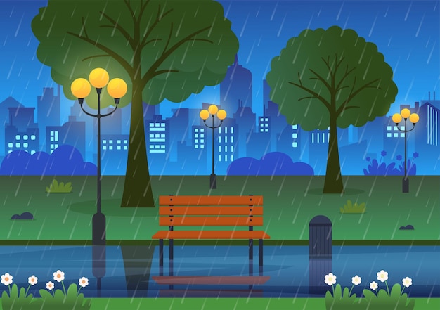 Ilustração vetorial de fundo de tempestade de chuva em tempo chuvoso com paisagem urbana ou parque e local público vazio com poça para banner ou pôster