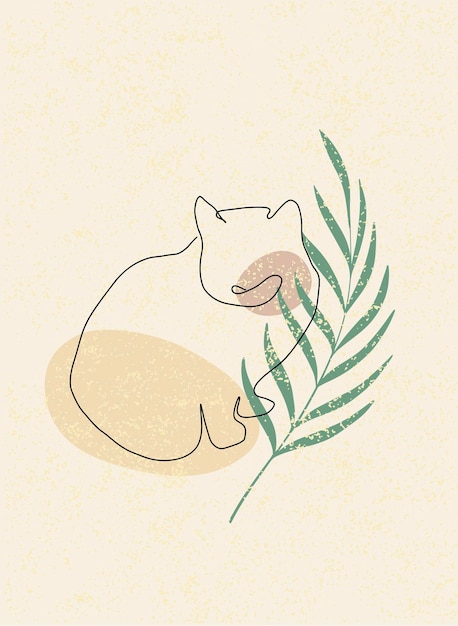 Vetor ilustração vetorial de gato sentado em uma linha com formas abstratas e folhas de galho de planta de cores bege