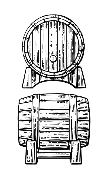 Ilustração vetorial de gravura de um conjunto de barris de madeira