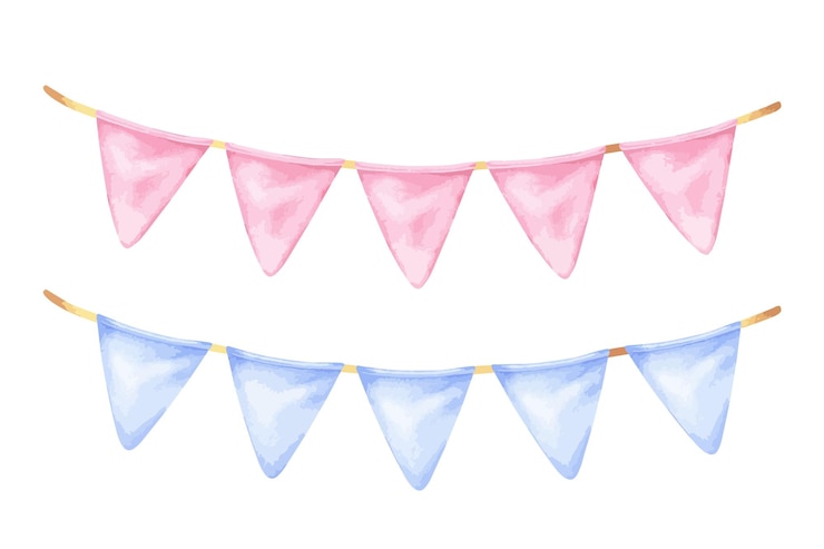 Vetor ilustração vetorial de guirlandas arte de clipe desenhada à mão de bandeira em fundo isolado desenho em aquarela de bandeiras de partido rosa e azul pintura de festoon em cores pastel esboço de bandeira de aniversário