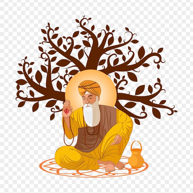 Ilustração vetorial de Guru Nanak sentado sob uma árvore em fundo transparente
