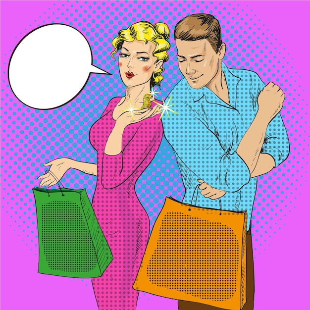 Vetor ilustração vetorial de homem e mulher com bolsas em estilo cômico de arte pop retrô casal falando um com o outro bolha de fala mulher mostrando moedas em sua palma conceito de compras