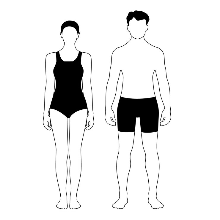 Vetor ilustração vetorial de homem e mulher em forma vestindo trajes de banho