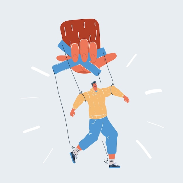 Ilustração vetorial de homem marionete e conceito de marionete grande mão do chefe segura metáfora de personagem de