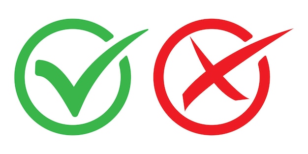 Ilustração vetorial de ícone de tique verde e cruz vermelha