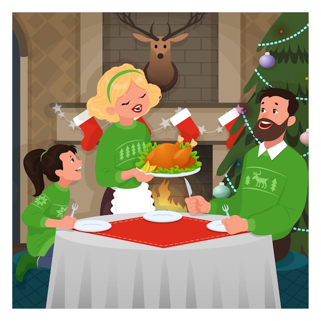 Vetor ilustração vetorial de jantar de natal configuração de mesa de refeição de natal com família em casa fundo família c